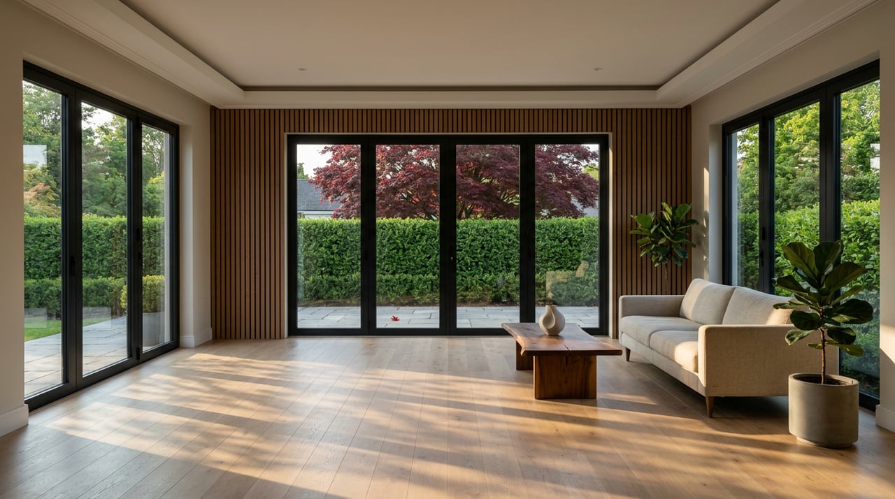 Open-plan great room with walnut slat wall, glazed doors, and a red Japanese maple beyond a clipped hedge.