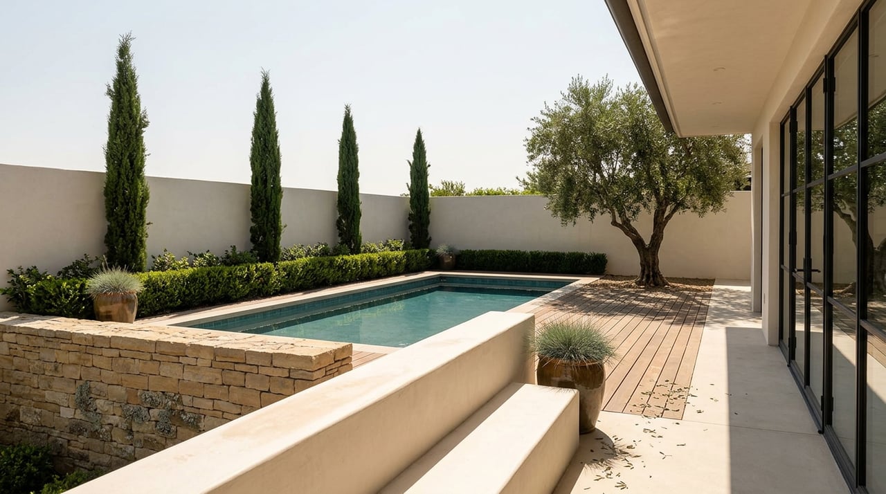 Pool terrace with blue-green tile, sunlit wood decking, stone retaining walls, and an olive tree.