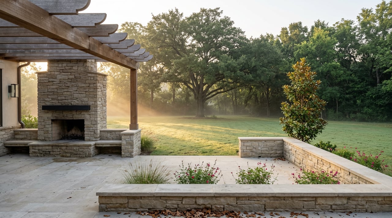 Stone terrace with a ledgestone fireplace and cedar pergola overlooking a misty lawn and mature oak tree.
