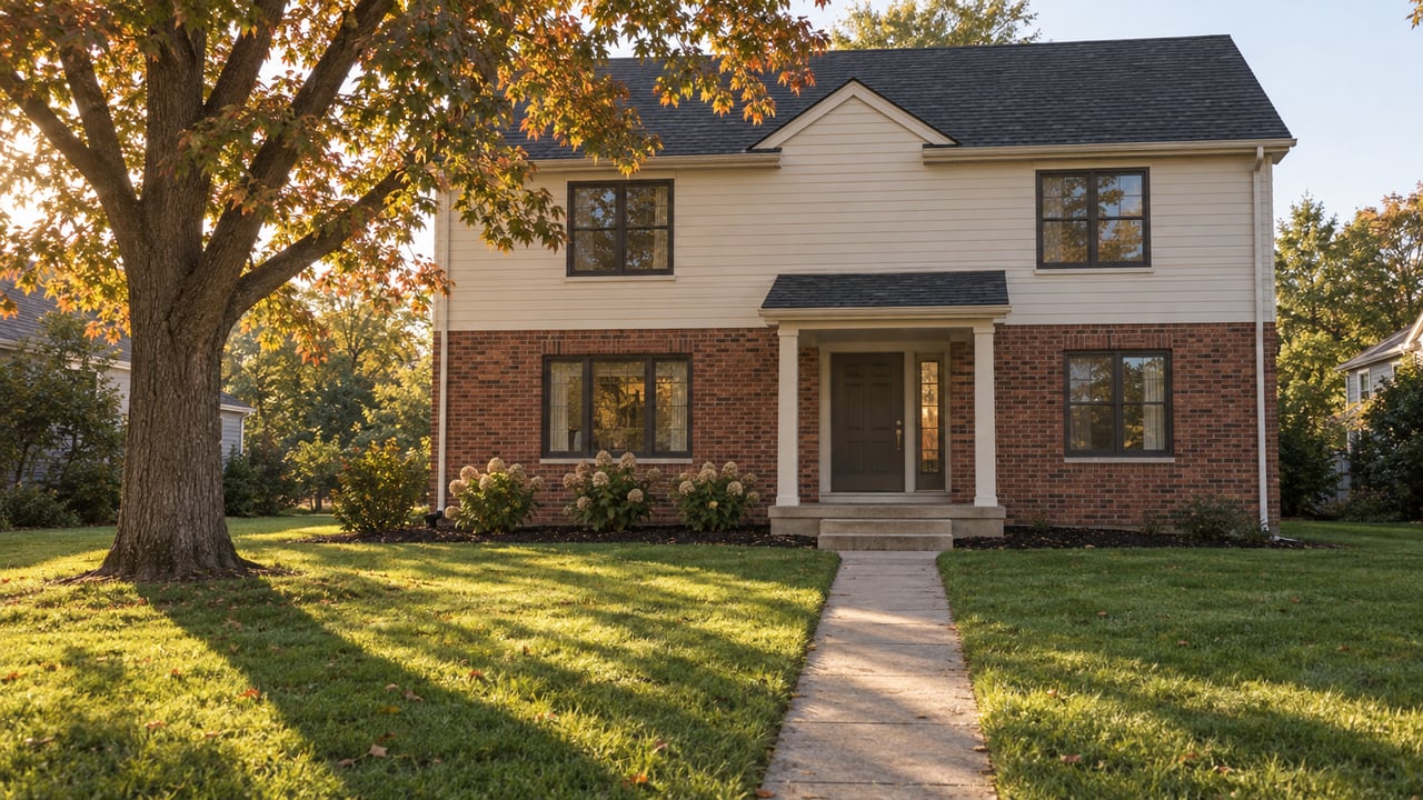 Two-story brick-and-cream house beyond a deep lawn, with a concrete walk and spreading oak tree.