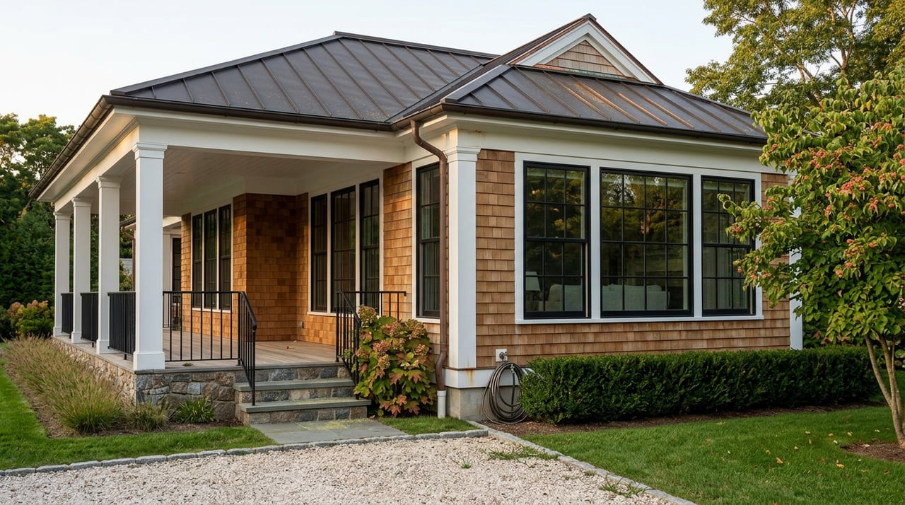 Shingle-style estate with black-sash windows, a covered porch, and a dark metal roof amid mature landscaping.
