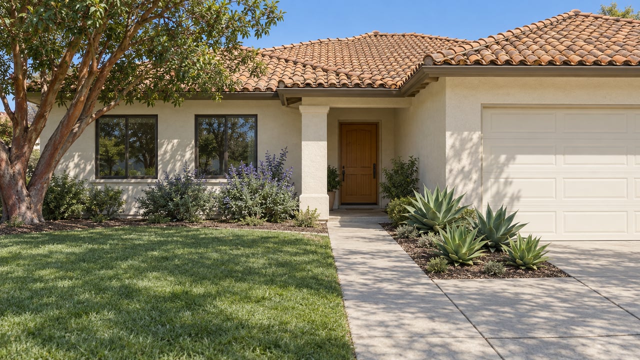 Sunlit ivory stucco home with terracotta roof tiles, a recessed wood entry, attached garage, and a planted front yard.