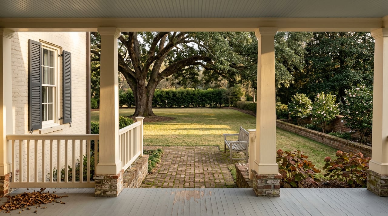 Covered porch with ivory columns overlooking a lawn, mature live oak, clipped hedge, and brick garden wall.