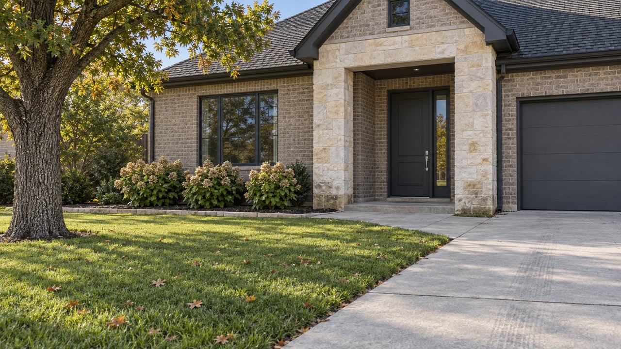 Brick and limestone house with a recessed charcoal entry, a broad lawn and an oak tree in early autumn light.