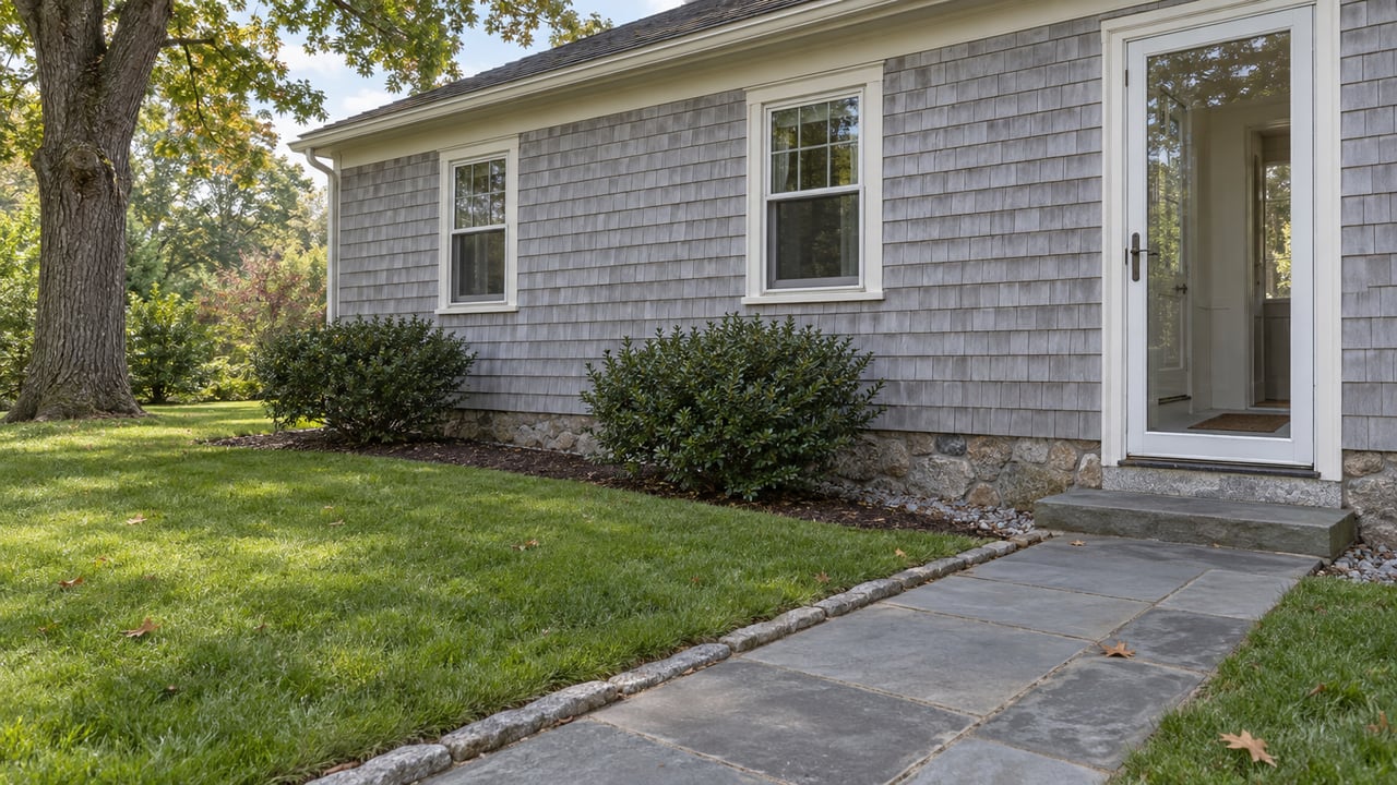 Gray cedar-shingle house with a glazed side door, bluestone path, broad lawn, and oak tree.