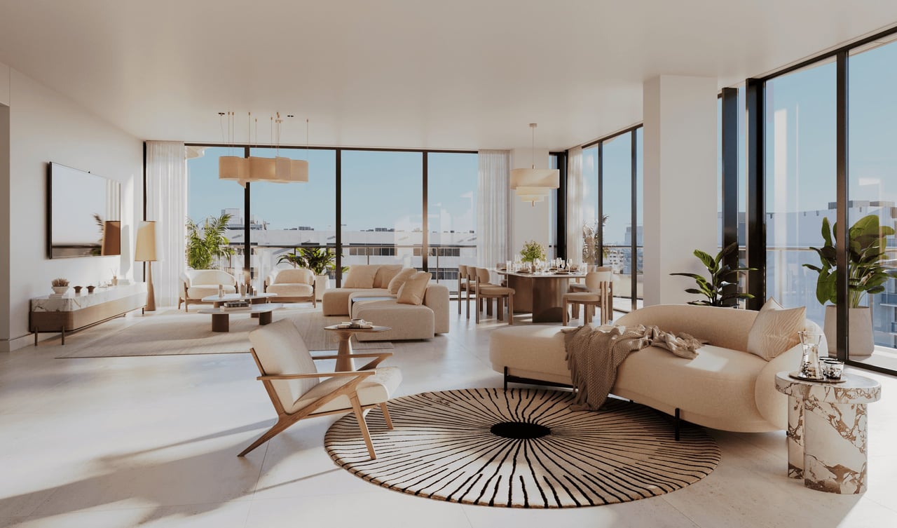 Rendering of residence great room at MILA Bay Harbor in Bay Harbor Islands.