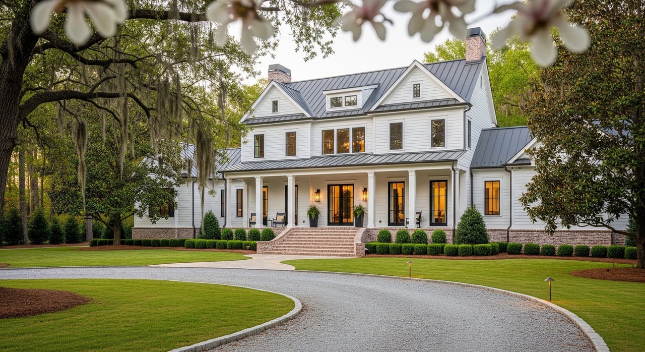 Large white two-story house with gray roof, broad porch, and curved driveway framed by trees.