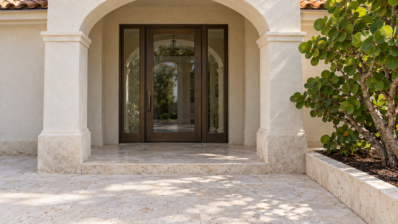 Sunlit cream stucco portico with a bronze-framed glass entry, pale limestone approach and a sculptural sea grape beside the doorway.