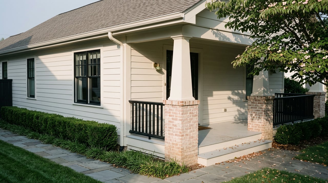 Covered porch corner with brick piers, black-framed windows, dogwood branches, clipped hedge, and flagstone walk.