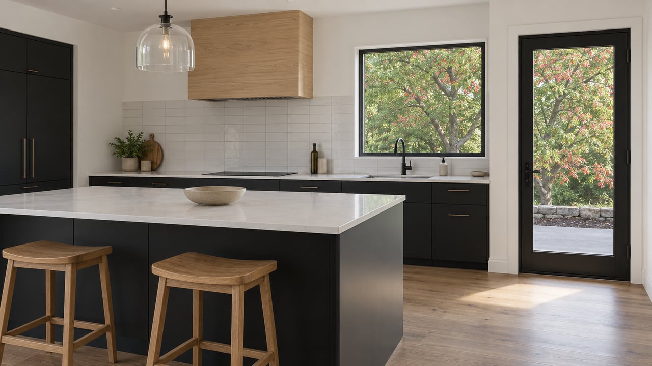 A light-filled home kitchen with a white island, matte black cabinetry, an oak range hood and a closed glass patio door.