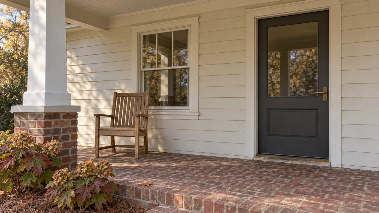 An ivory-sided cottage porch with a glazed charcoal door, weathered brick floor, a wooden chair and autumn oakleaf hydrangeas.
