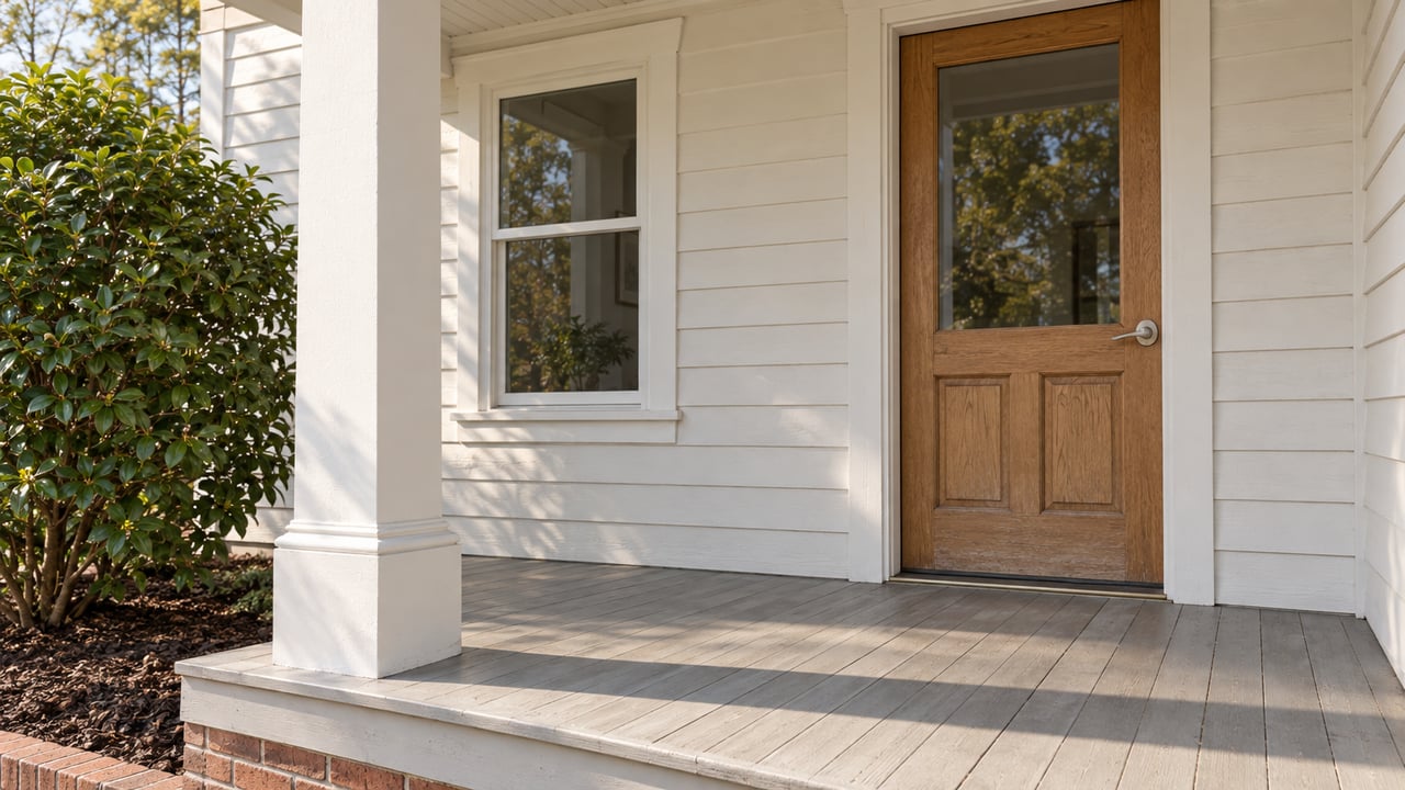 Close view of a raised covered entry with white timber siding, an oak front door, gray porch boards, and a camellia beside the brick foundation.