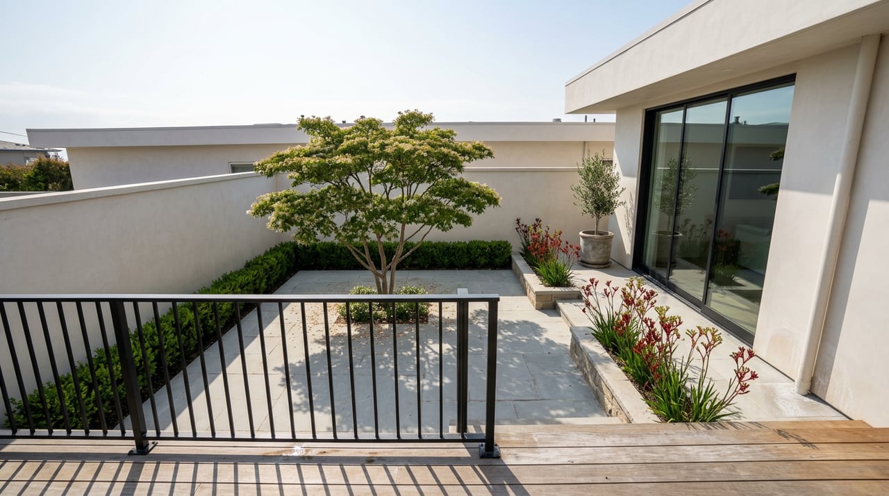 Enclosed courtyard with limestone paving, a multi-trunk tree, clipped hedges, and a balcony railing in the foreground.