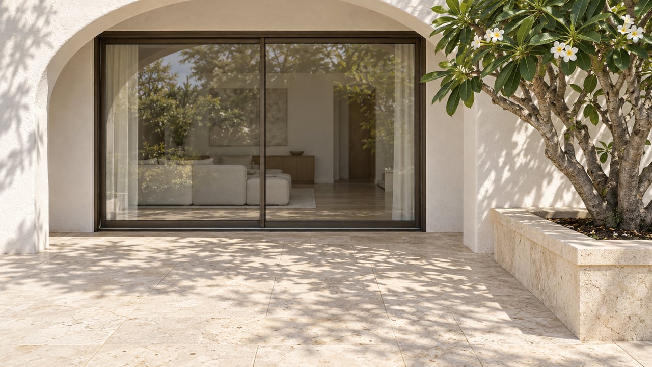 Sunlit limestone terrace outside an arched white-plaster doorway, with closed bronze-framed glass doors and a flowering specimen tree in a raised stone planter.