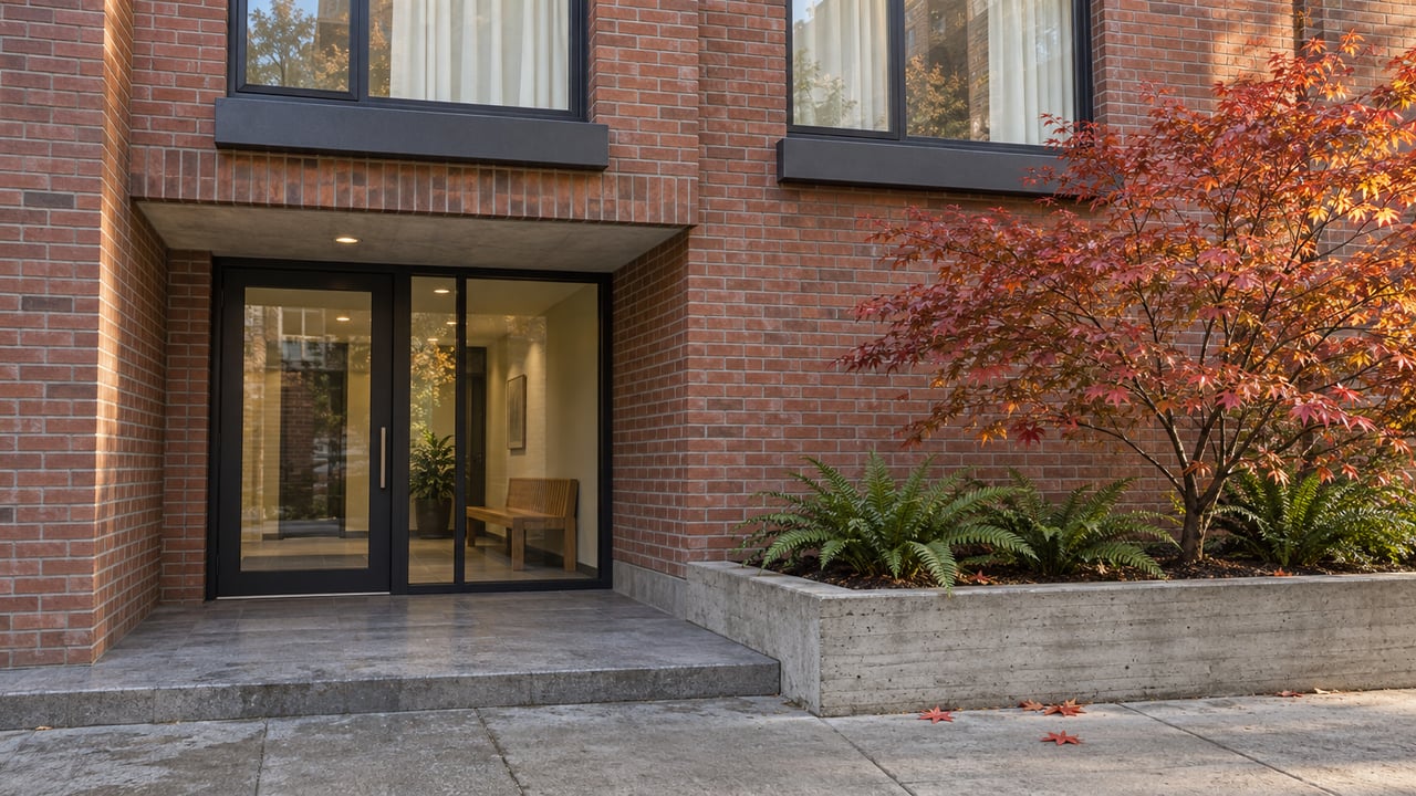 Brick condominium entrance with dark metal windows, a basalt landing and a raised bed containing an autumn vine maple and sword ferns.