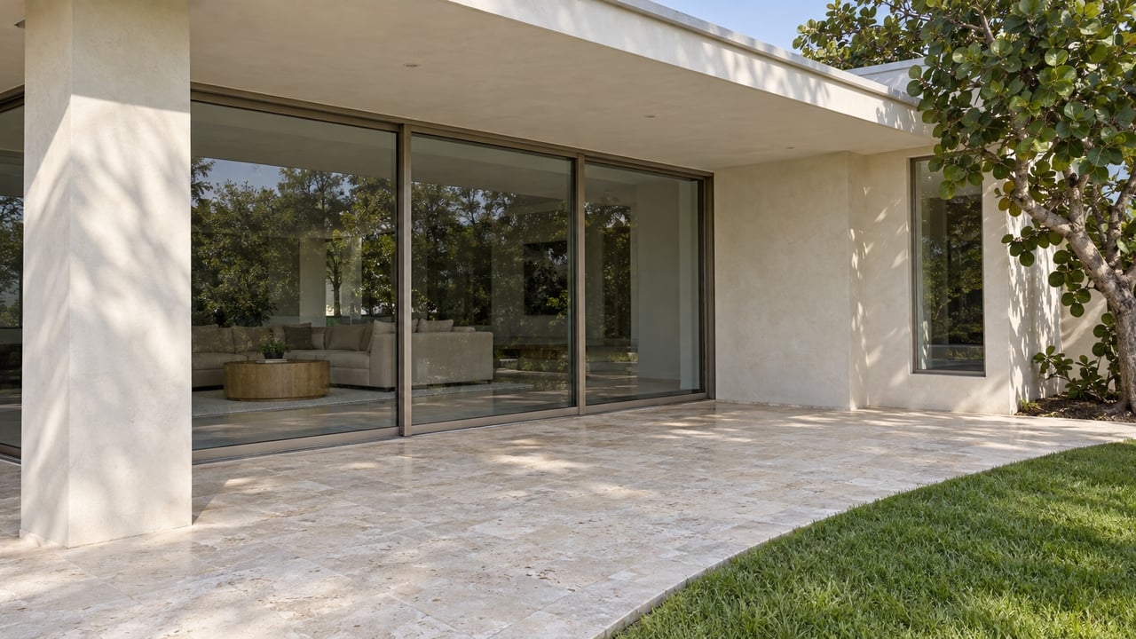Cream-stucco estate with closed bronze-framed glass doors, a shell-limestone terrace, clipped lawn and one sculptural sea grape tree.