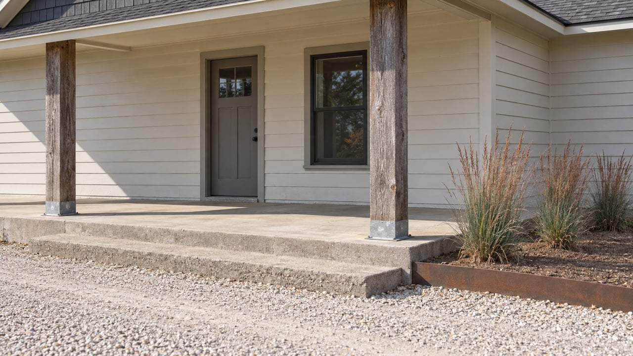 Weathered timber porch posts and pale siding above a concrete step and limestone gravel approach, beside three copper-tipped little bluestem clumps.
