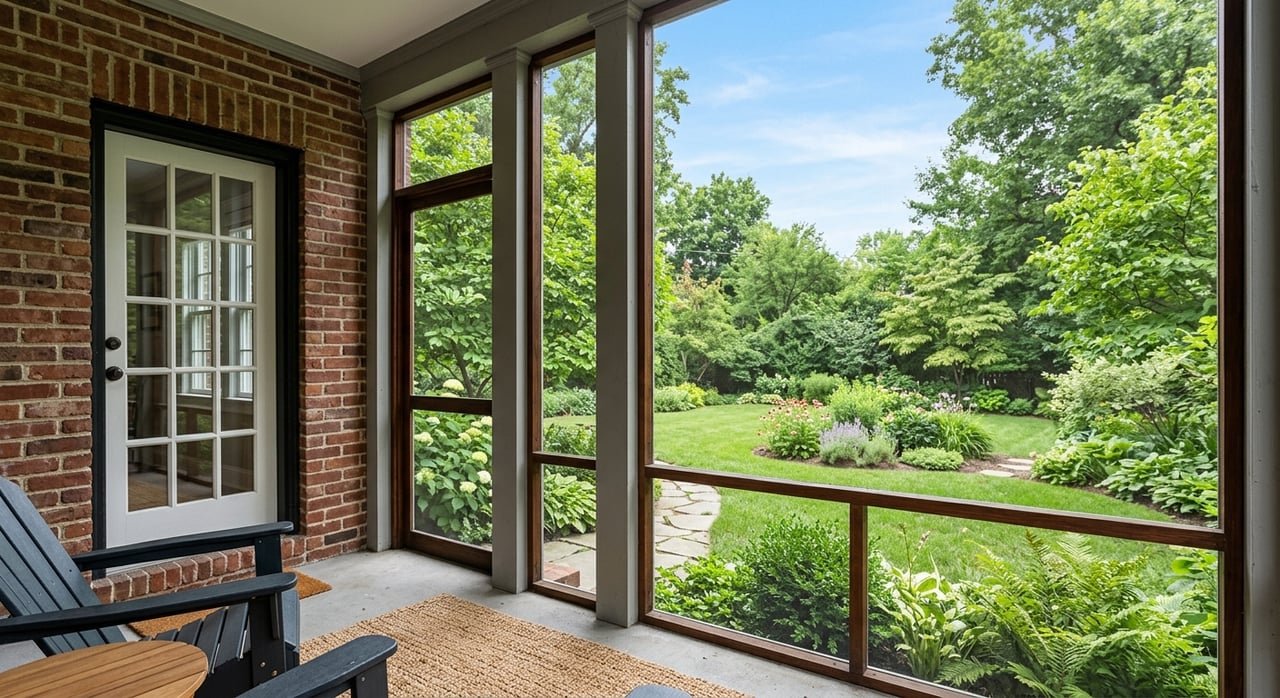 Screened porch with brick wall and French door overlooks a mown lawn beneath leafy oaks.