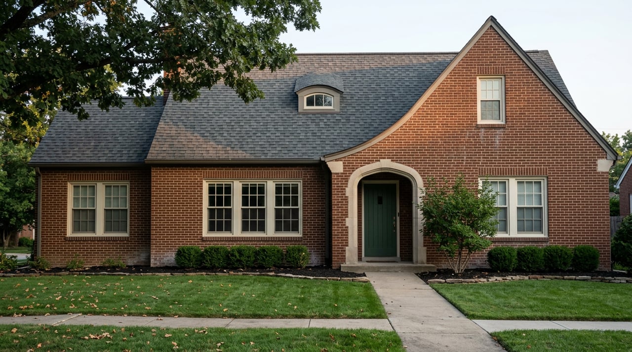 Two-story red-brown brick house with a green door, front lawn, mature oak, and boxwood shrubs.