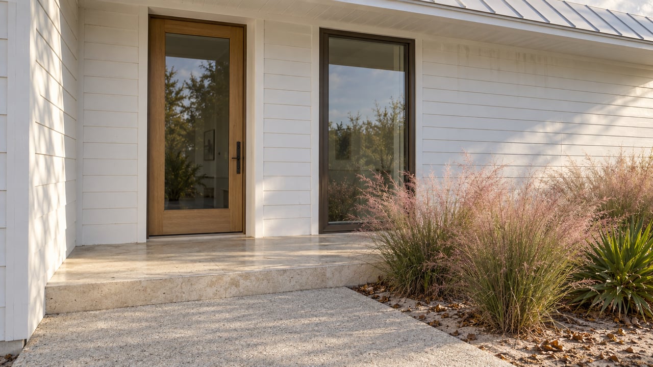 White-sided residence with a recessed oak door, limestone porch, and rose-tinted ornamental grasses.
