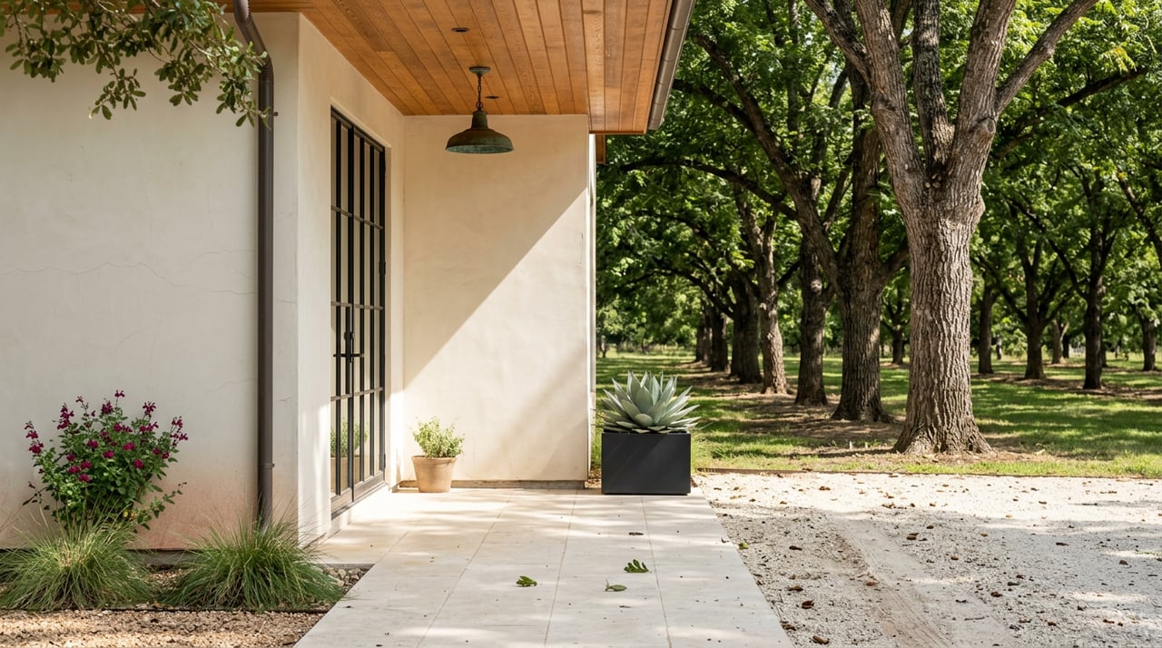 Stucco loggia beside rows of mature pecan trees, with limestone pavers and a magenta salvia in bloom.
