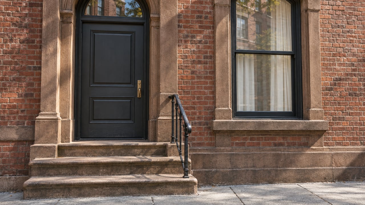 Sunlight on a red-brick residential entry with a charcoal door, arched transom, worn sandstone steps, and a dark-framed window.