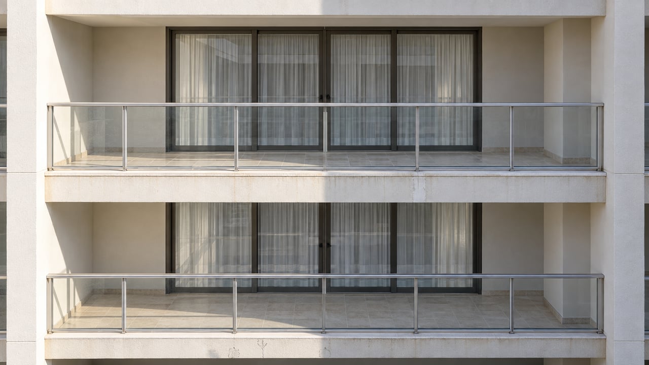 Two stacked condominium balconies with glass railings, sliding doors, and hairline cracks in the concrete.