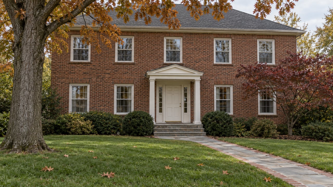 Two-story red brick home with ivory entry, mature oak, burgundy dogwood and a deep autumn lawn beside a flagstone approach.
