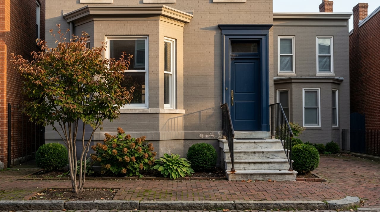 Painted charcoal-brick rowhouse with a navy door, marble stoop, wrought-iron rail, and bronze-red tree leaves.