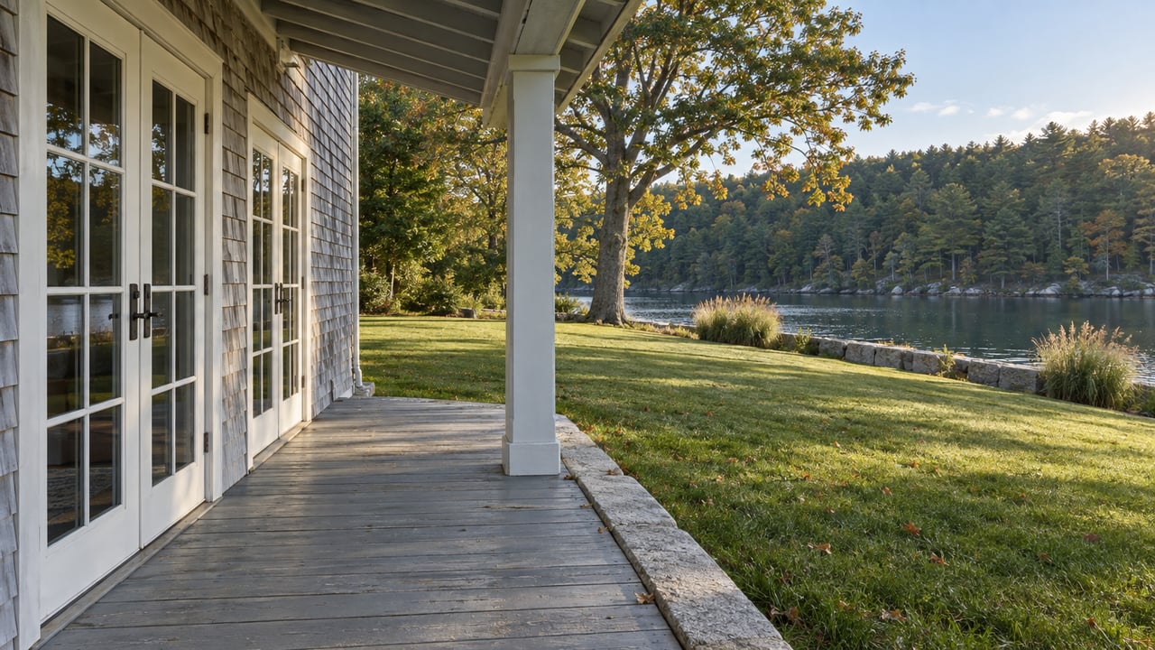 Shingled house porch with closed French doors overlooks a broad lawn and calm water backed by woods.