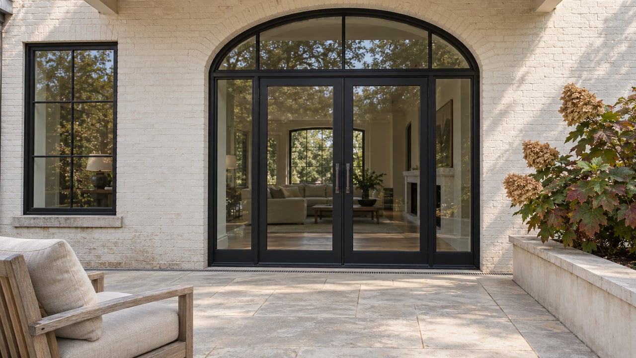 White painted brick terrace with paired black-framed arched glass doors, limestone paving, a teak chair and oakleaf hydrangea.