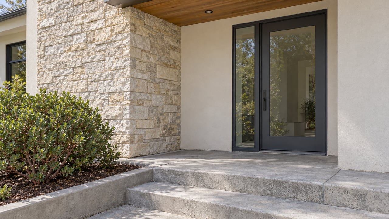 Close exterior view of a contemporary home's glazed entrance, ivory stucco, wood soffit, limestone wall and concrete entry steps beside a manzanita shrub.