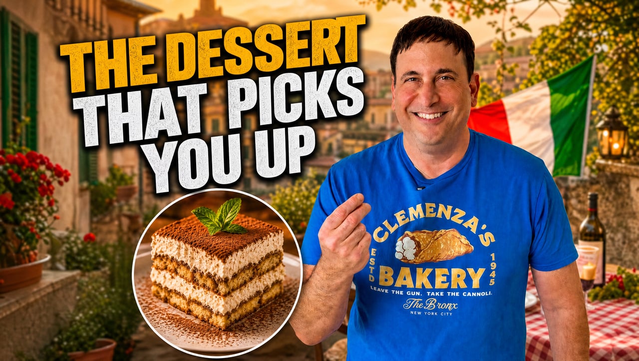 Tiramisu recipe thumbnail with a smiling man in a Clemenza’s Bakery shirt and a slice of layered tiramisu.