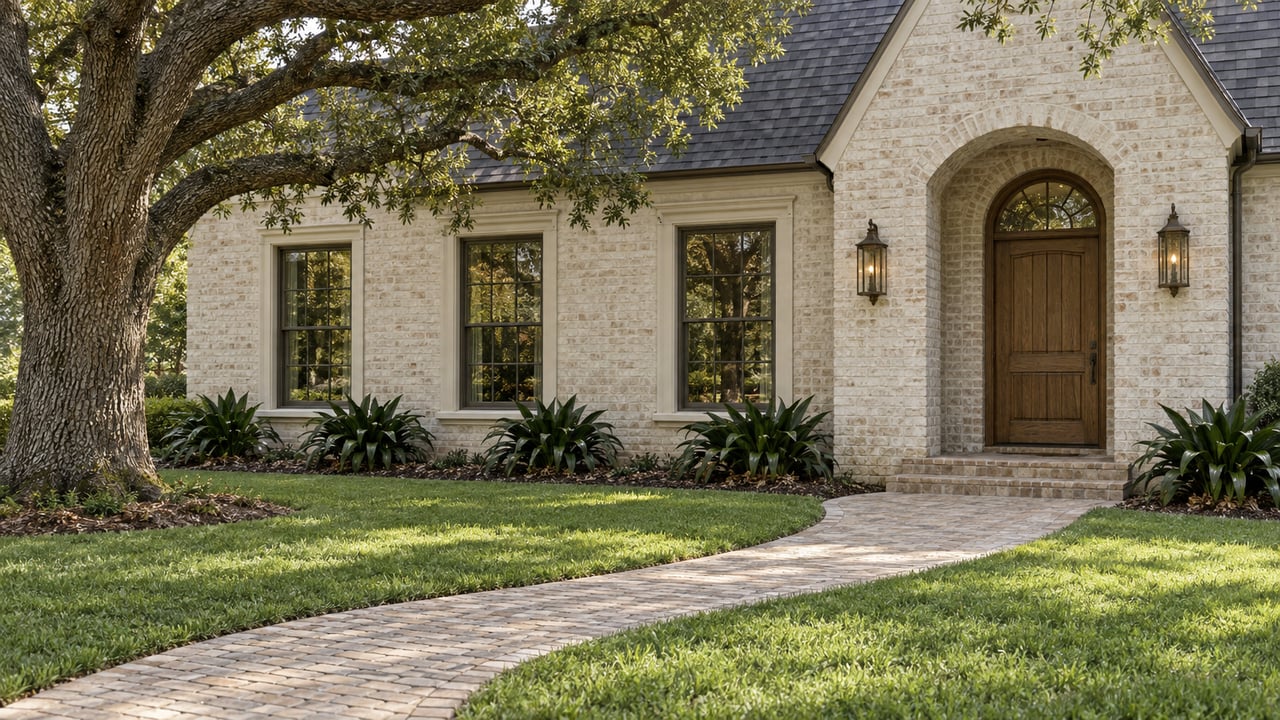 An arched oak entry and ivory brick facade beyond a curving brick walk and deep lawn, shaded by a mature live oak.