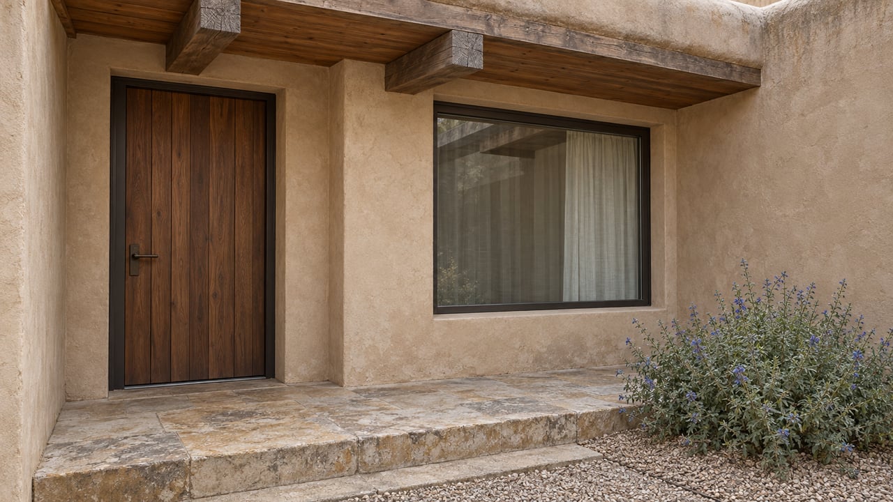 Clay-colored stucco entry with a walnut door, cedar canopy, bronze-framed window and worn sandstone landing beside blue-flowered sage.