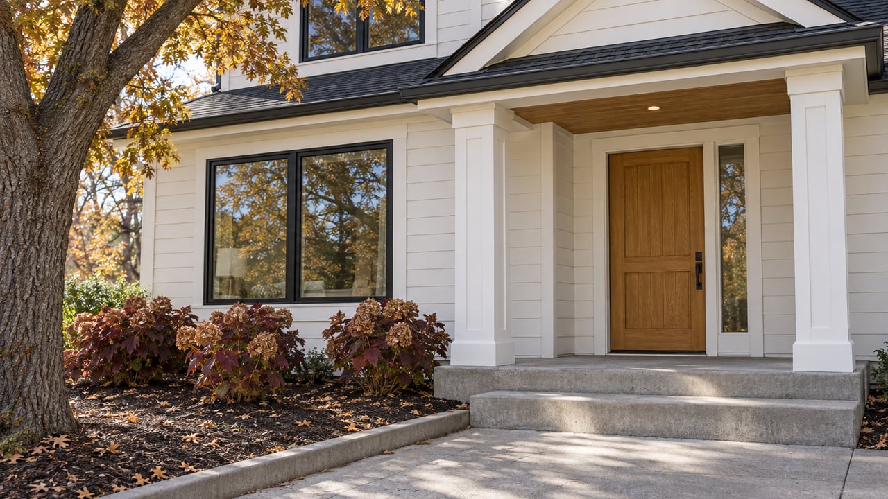 Sunlit white-sided home entry with an oak door, black-trim window, concrete steps and autumn oakleaf hydrangeas.