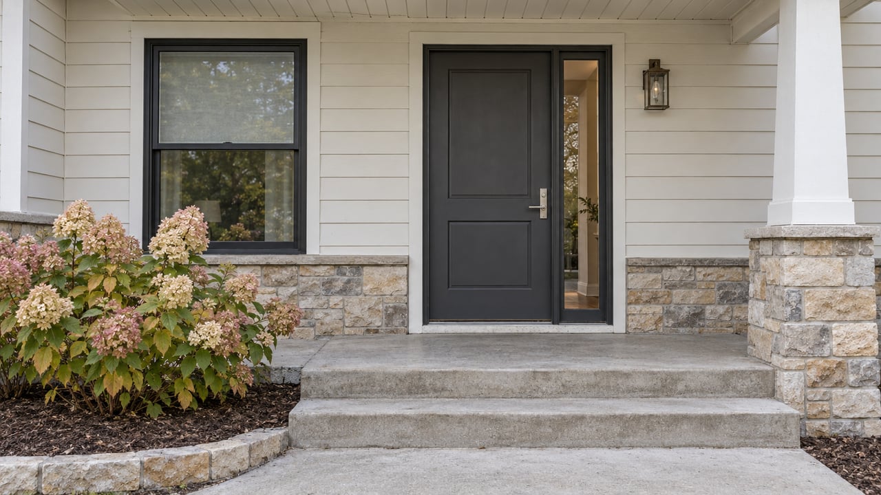 Covered entry with charcoal door, pale siding, limestone porch base and autumn hydrangea blooms.