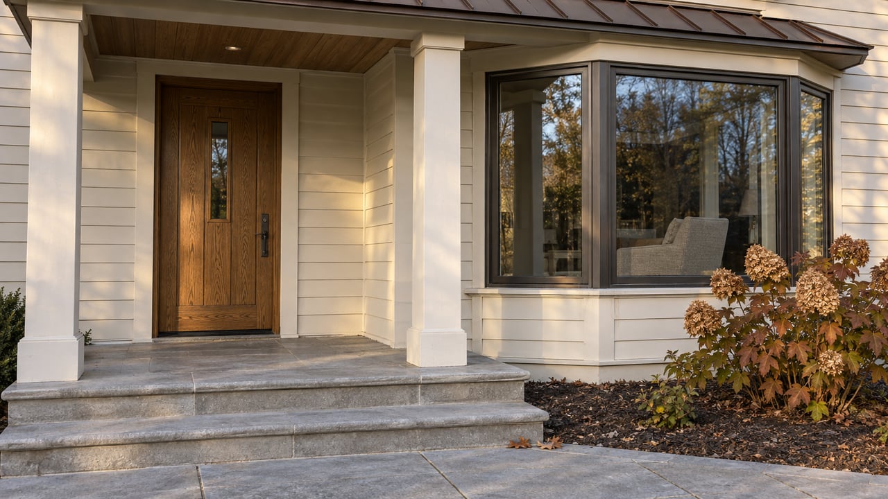Late-autumn sunlight on an ivory clapboard home with an oak entry door, bronze-framed bay window and limestone porch.