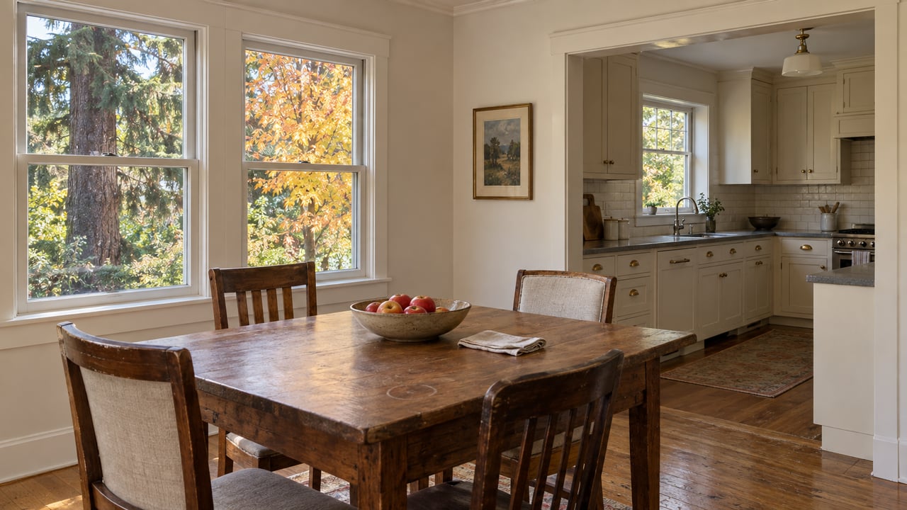 Oak dining table and four chairs beside garden-facing windows, with a cream-cabinet kitchen beyond.