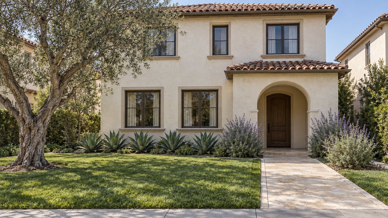 Two-story ivory stucco home with terracotta roof, recessed arched entry, limestone walk, front lawn, and a sculptural olive tree in bright daylight.