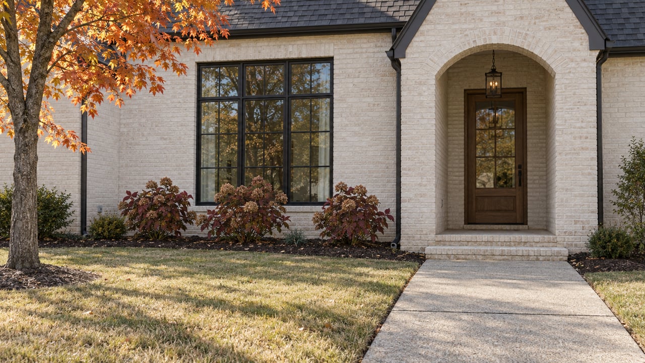 Ivory painted-brick home with a steep gable, black-framed window and arched oak-door entry beside an autumn lawn.