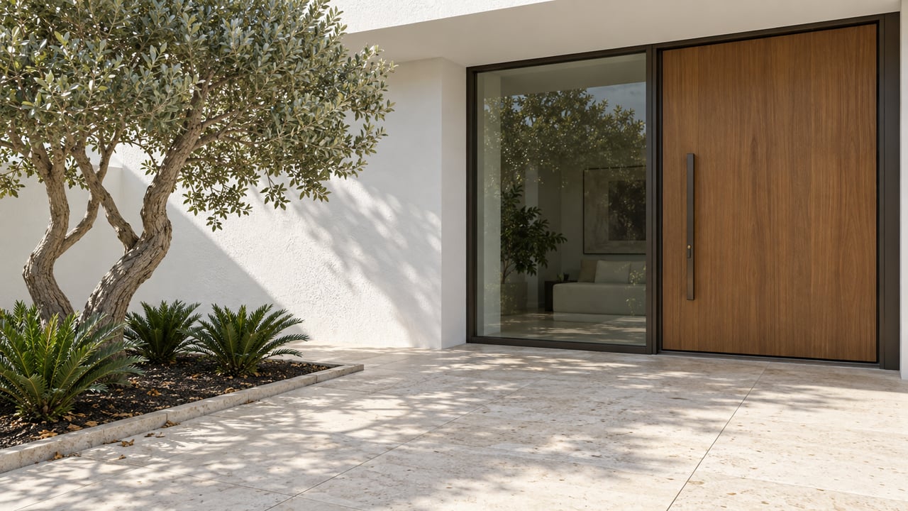 Coastal-modern home entry with a teak pivot door, dark-framed window, limestone court, and sculptural buttonwood tree.