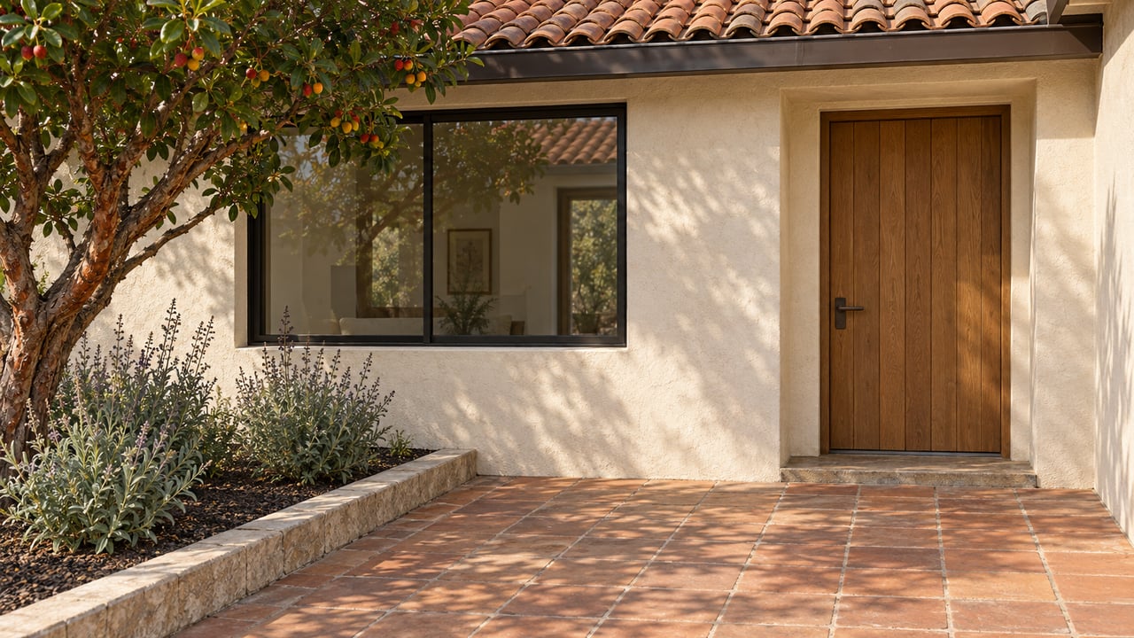 Warm stucco home with a terracotta roof, oak entry door and black-framed window overlooking a clay-paved entry court.