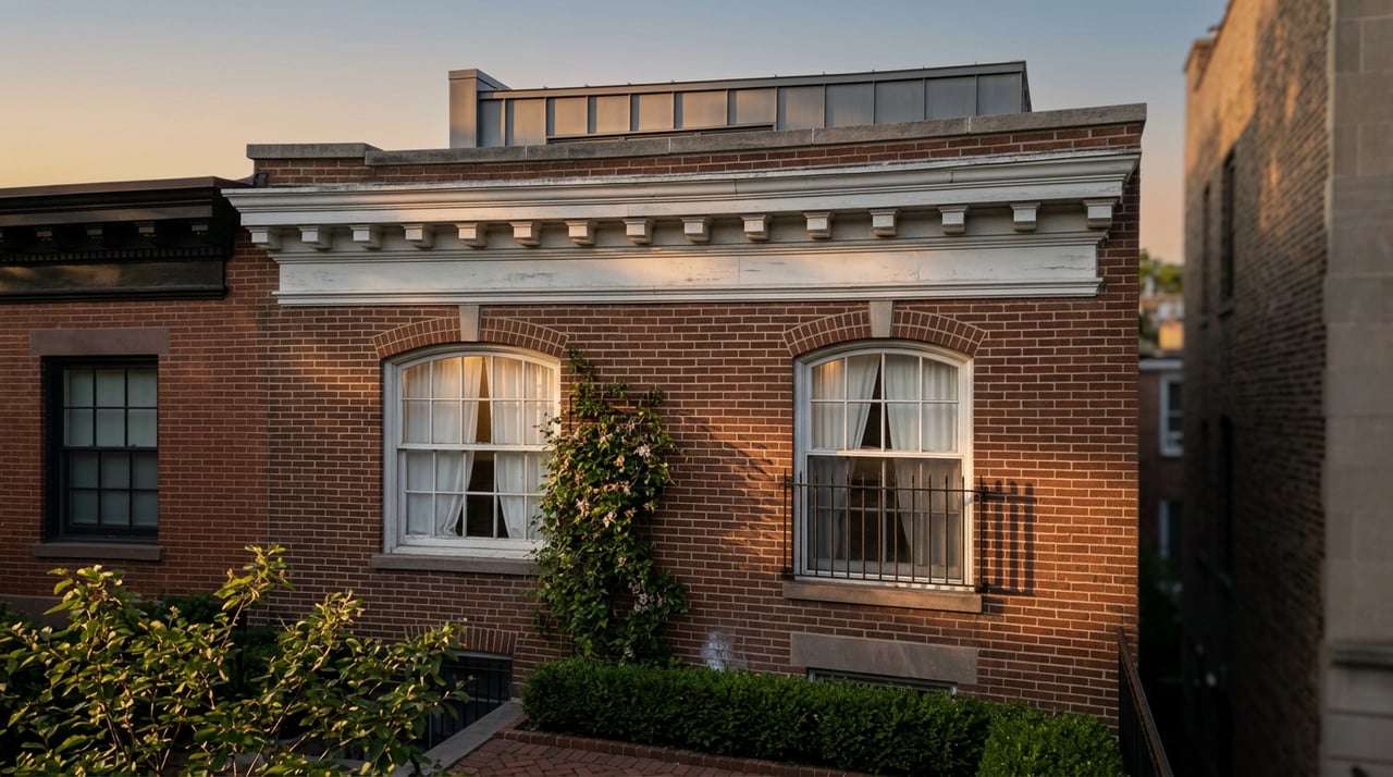 Red-brown brick rowhouse facade with arched windows, white dentil cornice, iron window guard, and rooftop addition.