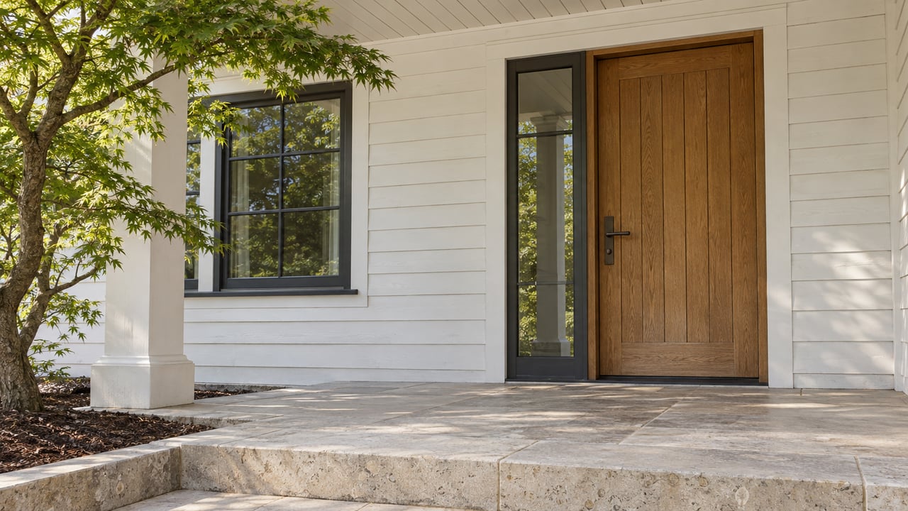 Oak front door and charcoal-framed glazing beneath a white painted porch, with limestone paving and a mature Japanese maple.