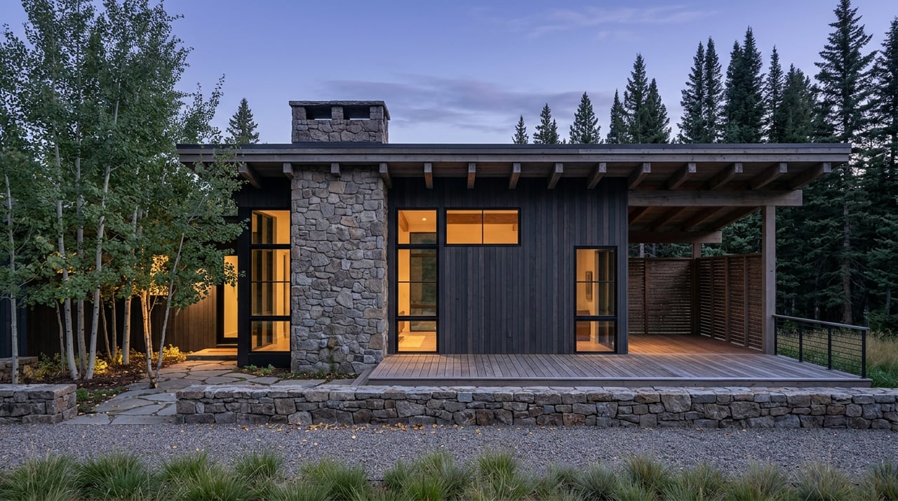 Mountain home facade with a fieldstone chimney, glass wall glowing warmly, and aspens beneath a blue-violet sky.