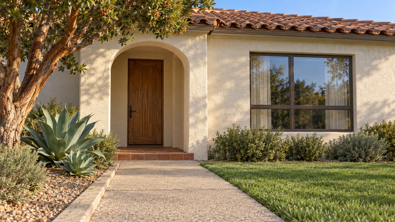 Morning sunlight on an ivory stucco home with a terracotta roof, recessed arched entry, bronze-framed window, and carefully planted front garden.