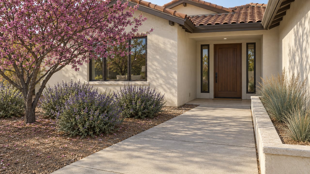 Stucco house with a recessed front door, terracotta roof, and angled concrete walk beside a redbud tree.