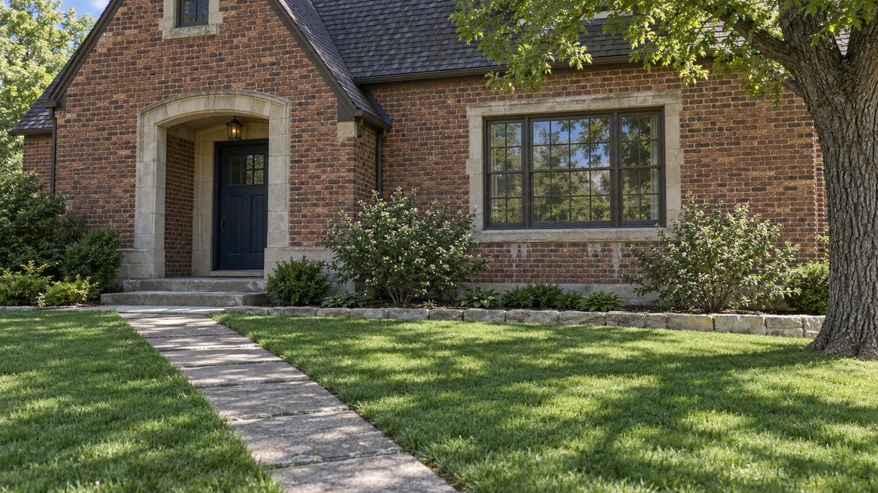 Brick house with recessed blue door, divided-light window, concrete path, lawn, and mature oak.