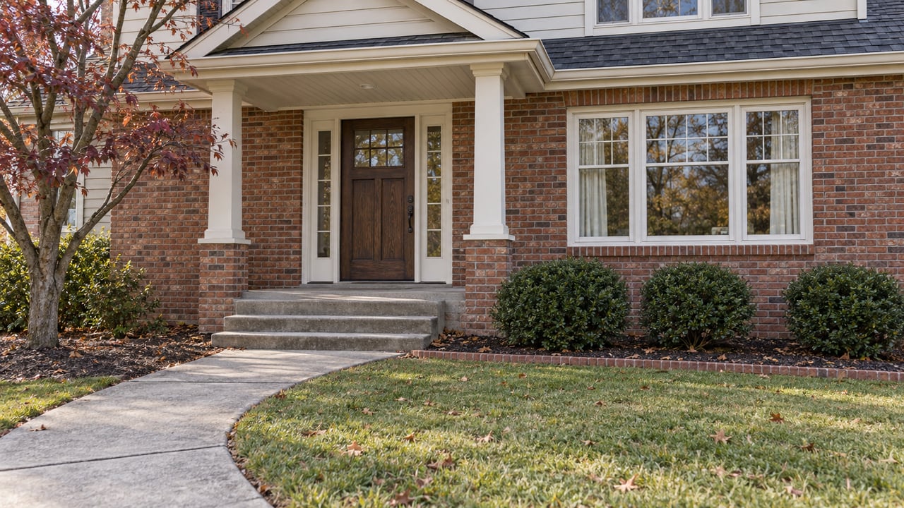 Red-brown brick home with an ivory-sided upper story, covered wood-post entry, weathered concrete walk and sparse autumn dogwood leaves.